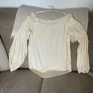 Maeve yellow and white balloon sleeve off shoulder blouse.